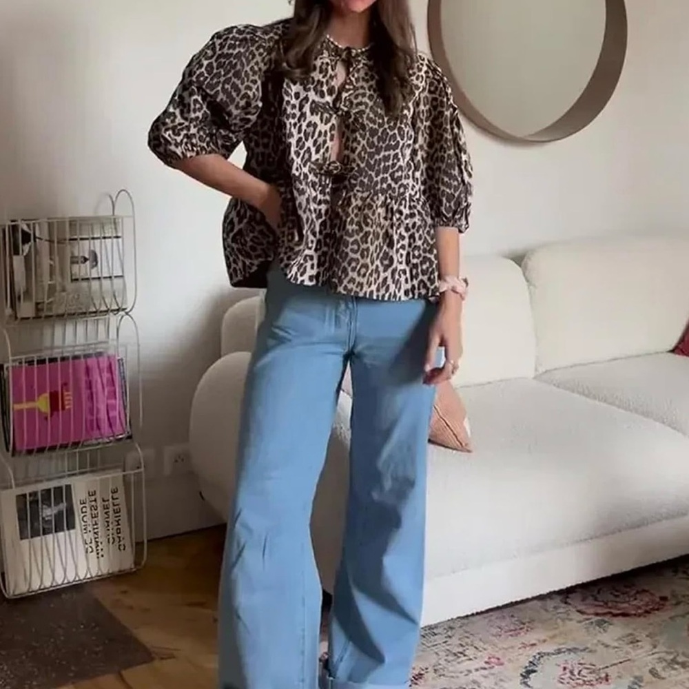 Tie Front Leopard Print Babydoll Top - Picture 4 of 6